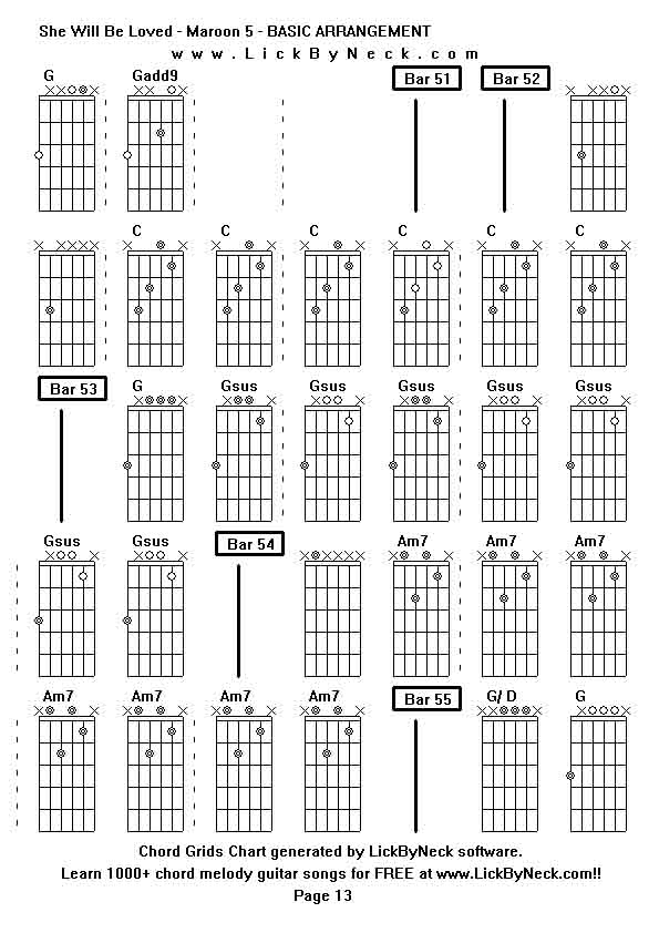 Chord Grids Chart of chord melody fingerstyle guitar song-She Will Be Loved - Maroon 5 - BASIC ARRANGEMENT,generated by LickByNeck software.